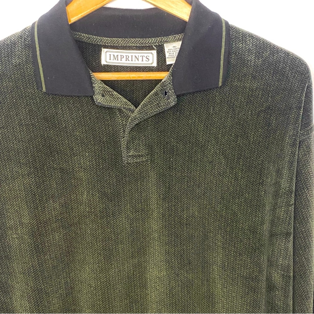 Vintage Imprints Men’s Dark Green & Black Velour Long Sleeve Polo Shirt Medium - Picture 2 of 8